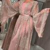2 Pcs/Set Women Evening Dress Big Swing Shiny Bronzed Cardigan Slip Dress Set See-through Mesh Long Sleeve Coat Cocktail Events Special Occasions