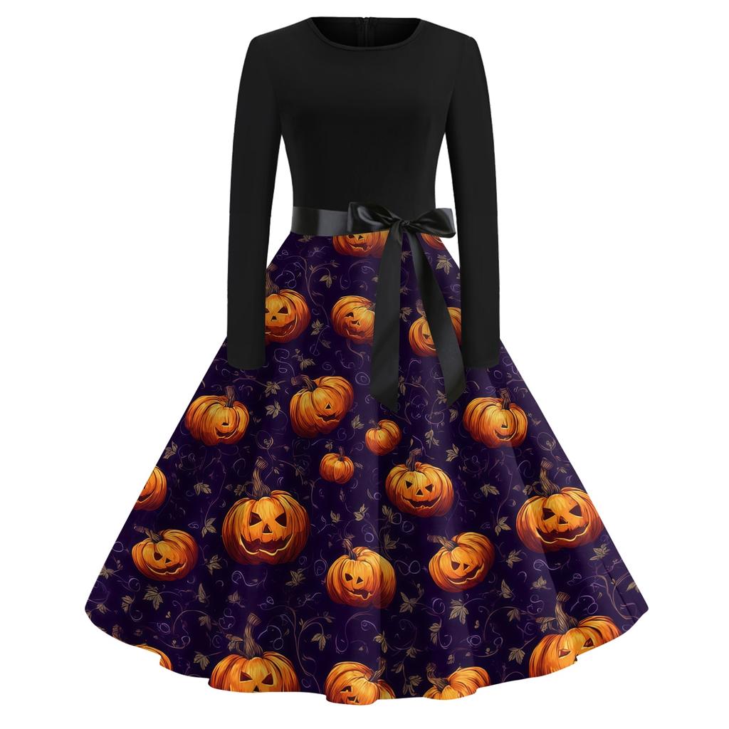 Women's Casual Vintage Halloween Dress Long Sleeve Round Neck A-Line Midi Dress with Bow Waistband and Pumpkin Print Skirt