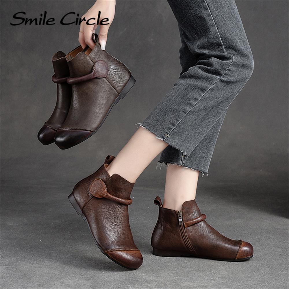 Женские ботинки из натуральной кожи, ботильоны с круглым носком и боковой молнией, модные удобные туфли на плоской подошве