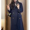 Темно-синее шерстяное пальто на осень-зиму, новое корейское стильное утолщенное шерстяное пальто средней длины в студенческом стиле, шикарное
