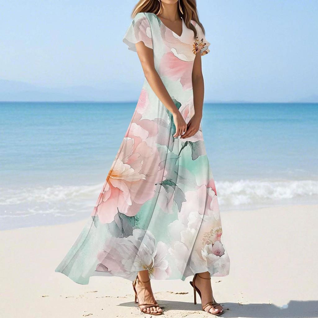 Женское летнее повседневное модное платье с цветочным принтом и V-образным вырезом с коротким рукавом