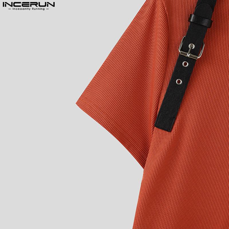 INCERUN Мужские летние водолазки с коротким рукавом в рубчик повседневные нестандартные облегающие футболки майки