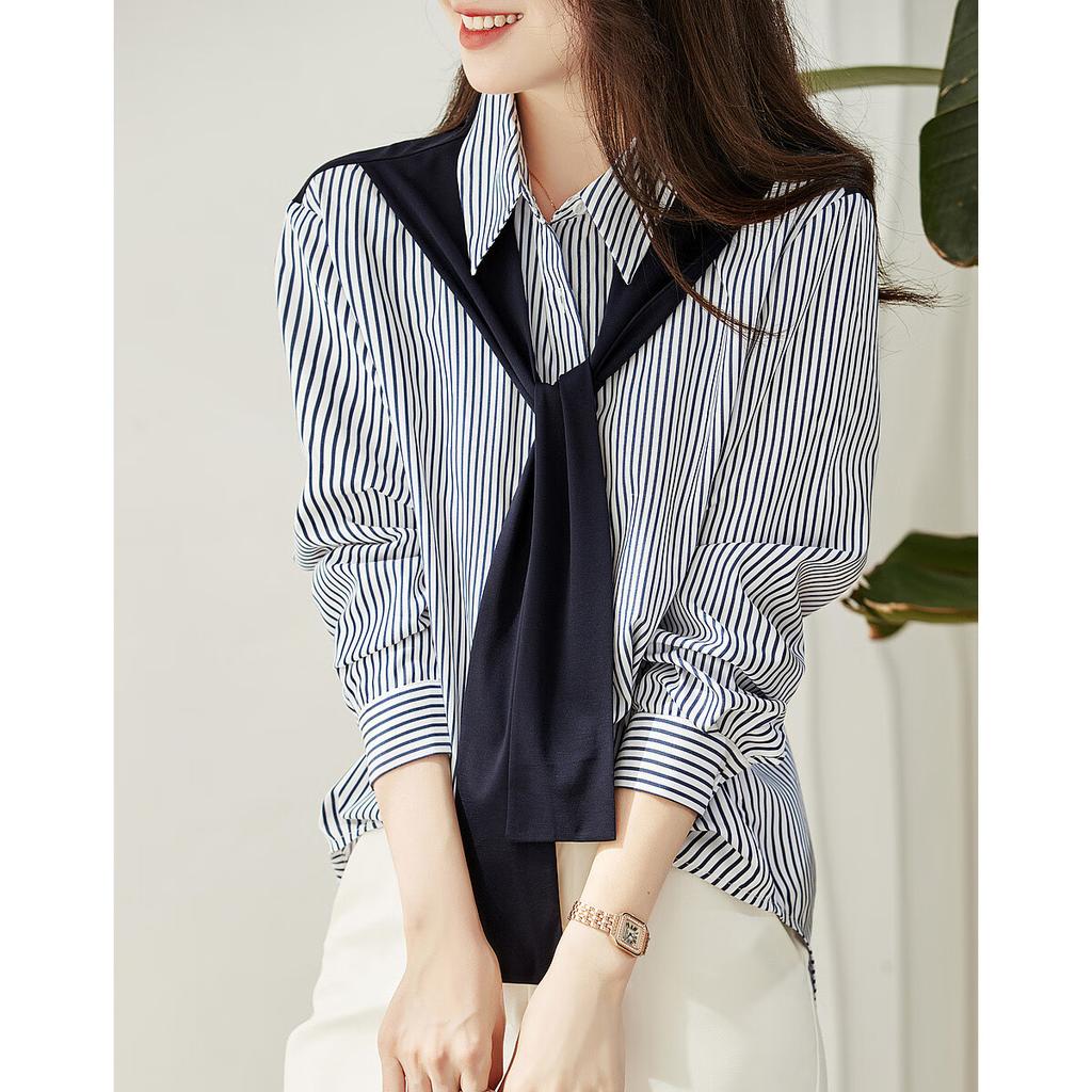 Dme [Shawl Decorative Blouse], Spring And Autumn Lapel Loose Striped Long-Sleeve Drop-Shoulder Shirt for Wome