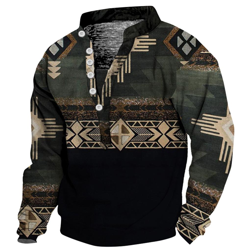 V-neck Sweater Men's 3d Digital Printing Stand Collar 6 Button Vintage Collar