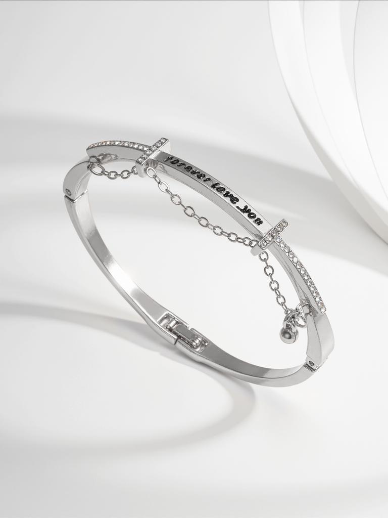 Rz Stainless Steel Crystal Chain Engraved Heart Charm Women Gold Plated Bracelet Open Bangle Famous Jewelry