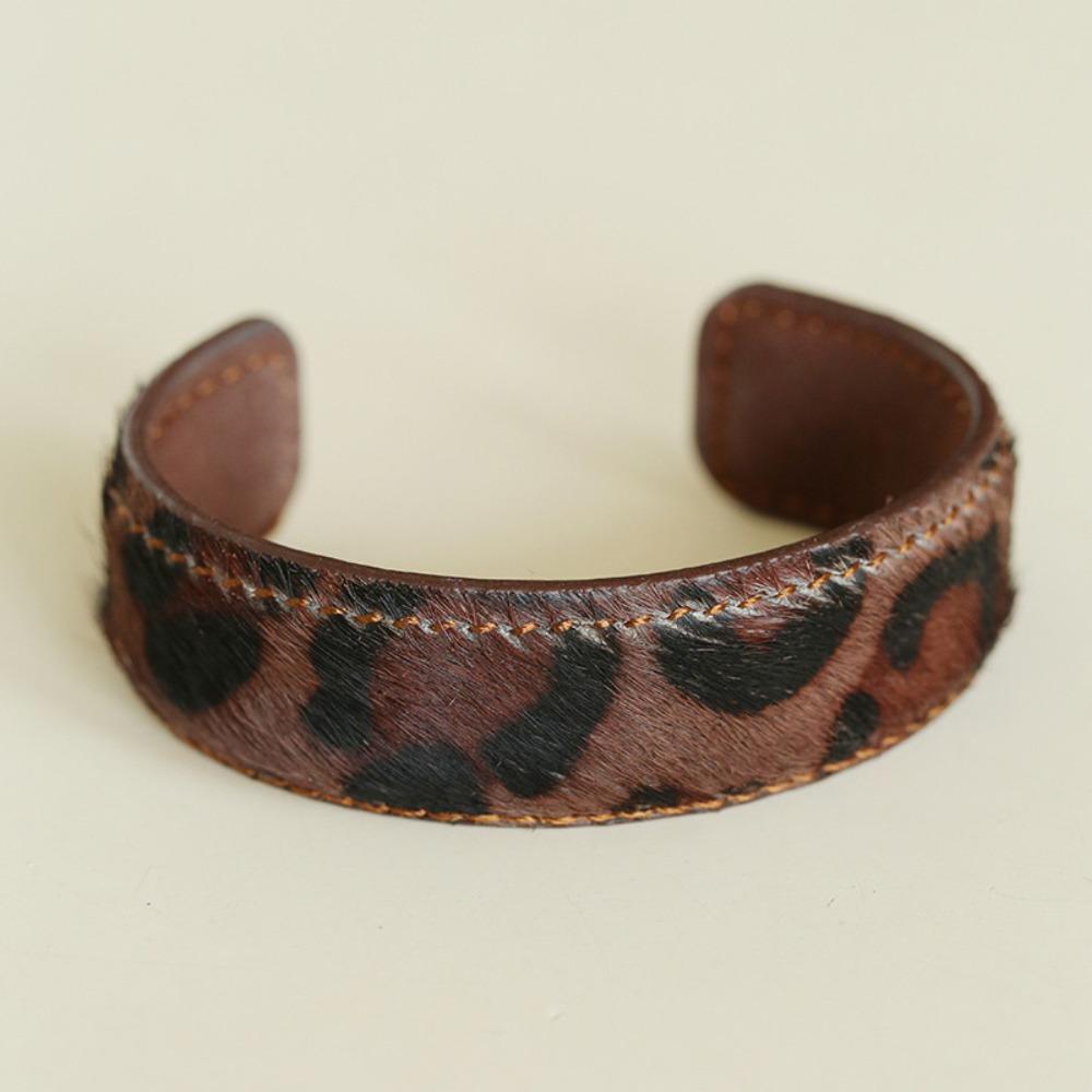 Пушистый браслет из натуральной кожи и конского волоса, прошитый, открытый браслет в форме буквы С, браслет-манжета с леопардовым принтом, подарок