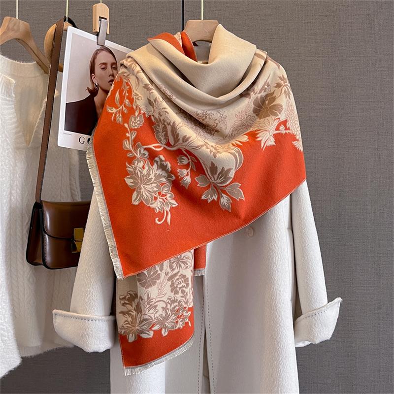Winter New Luxury Two-Sided Faux Cashmere Scarf Women Floral Print Outdoor Warm Thick Shawl Soft Muffler Neckerchief