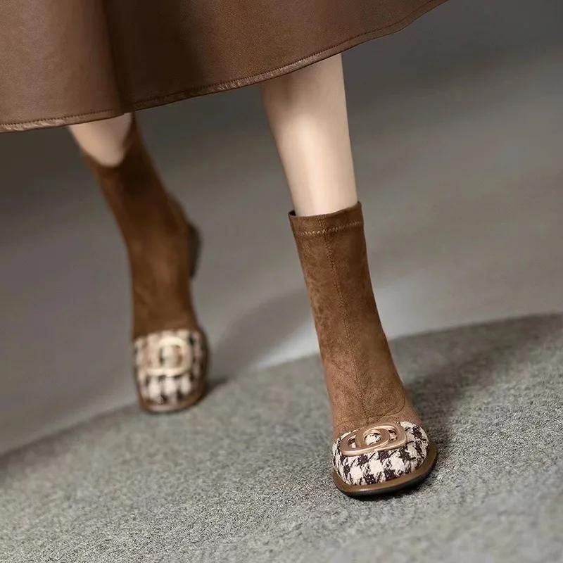 Модные женские полусапожки челси на среднем каблуке, массивные замшевые ботильоны, зимняя мода 2024, новые ботинки на молнии, туфли-лодочки для ходьбы, панк, теплые боты-носки