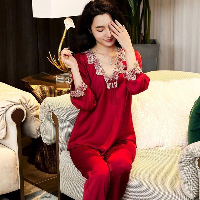 Шелковая Пижама Женская Весенняя Осенняя Комплекты Пижам Одежда С Длинным Рукавом Кружевная Сексуальная Шелковая Пижама Корейские Домашние Комплекты Брюки Свободные