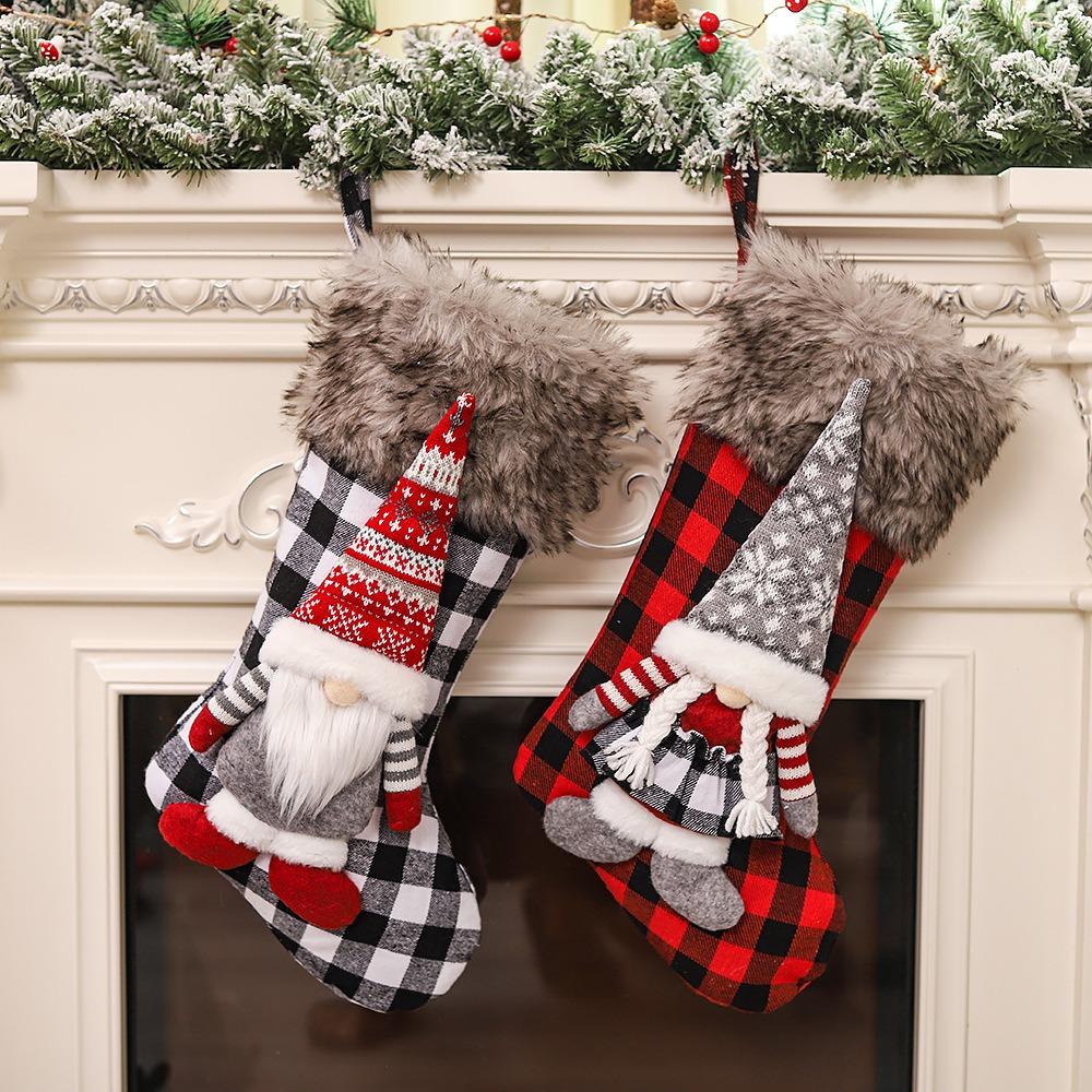 Large Size Dwarf Christmas Stockings Lattice Pattern Three-dimensional Doll Gift Bag Furry Long Hat Christmas Tree Pendant Kids
