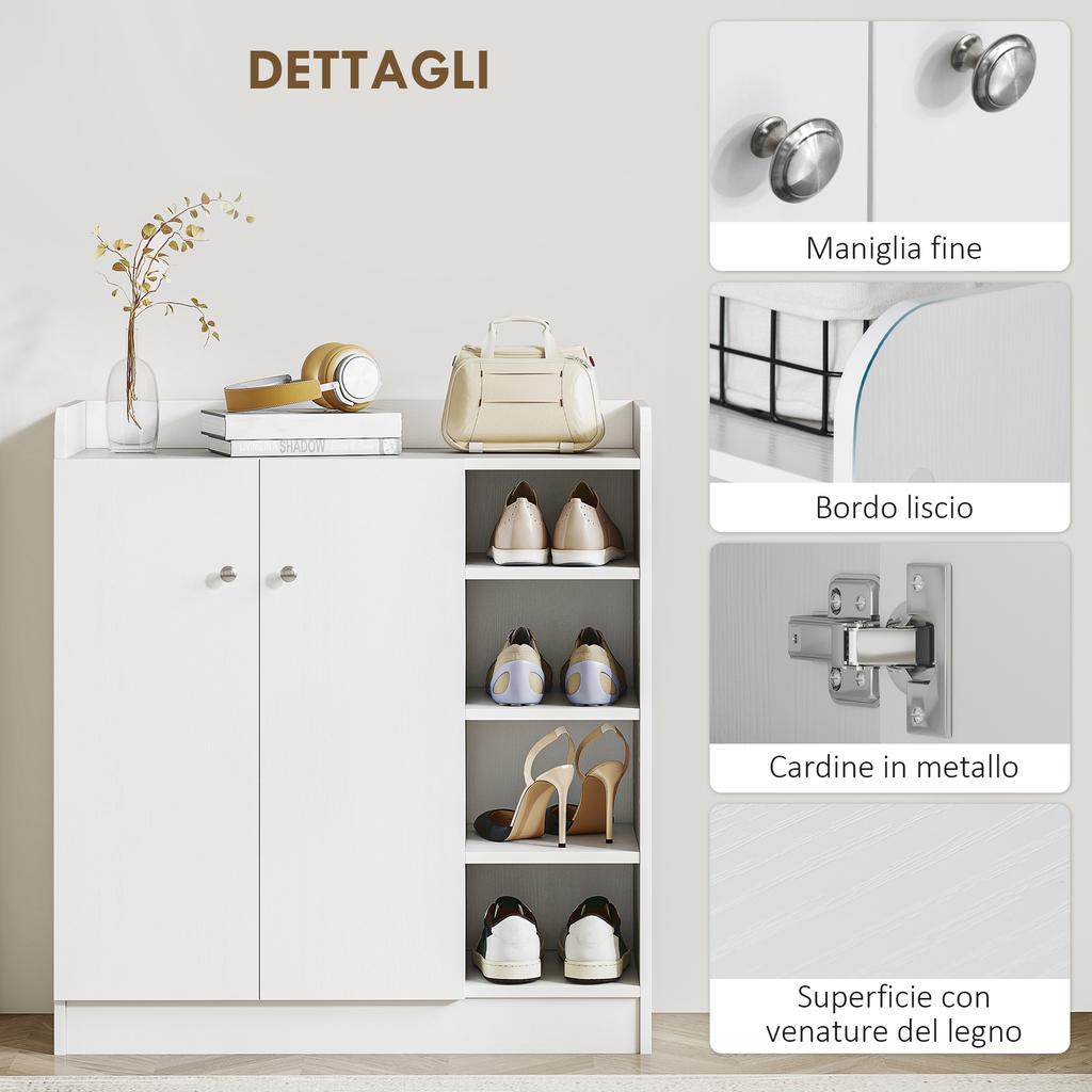 Shoe Rack for 12 Pairs, 4 Open Shelves, 2 Doors, Adjustable Shelves, 83x30x90cm, White