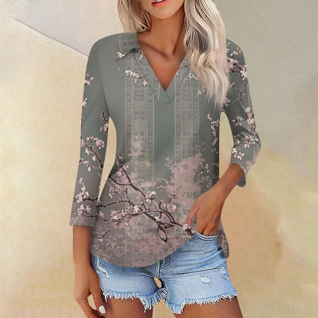 Women's Summer Fashion Casual Print V-Neck Three Quarter Sleeve Shirt Top