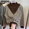 Autumn and Winter Fashion Half High Neck Stripe Fake Two Piece Fashion Versatile Loose Reducing Age Women's Knitted Sweater