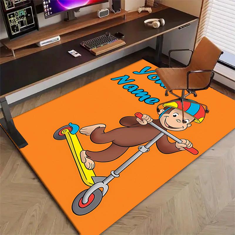 Custom Curious George Mat Personalized Name, Polyester Washable Indoor Entryway Rug, Gift for Christmas, Easter, Thanksgiving Day