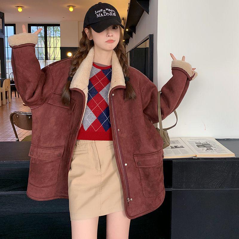 Ankora Red Fur One-piece Lamb Wool Coat for Women Winter New Small Casual Casual Plus Velvet Thickened Cotton Coat