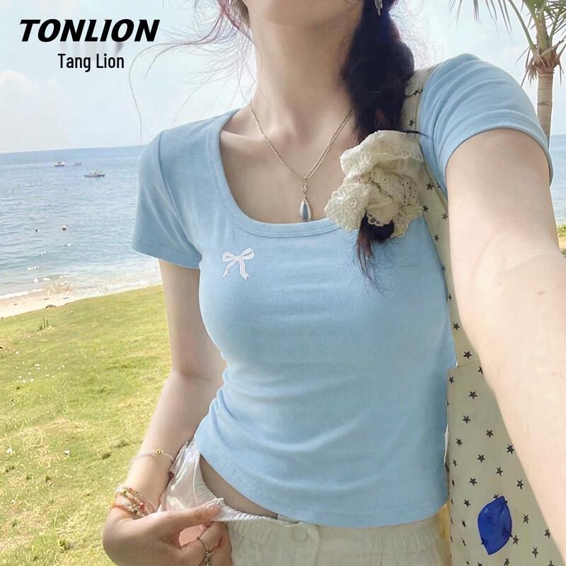 Женская укороченная облегающая футболка TonLion с U-образным вырезом и принтом в виде бантиков