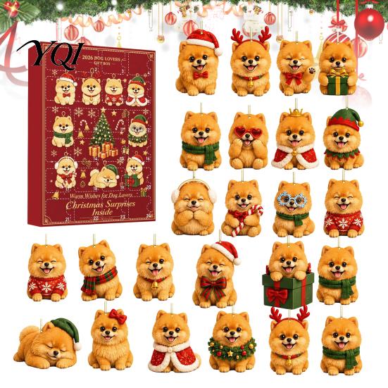 Christmas Advent Calendar for Kids Pomeranian Countdown, 24-Day with 2D Acrylic Holiday Party Games Dog Ornaments, Tree Hanging Decor, Gift Pet Lovers