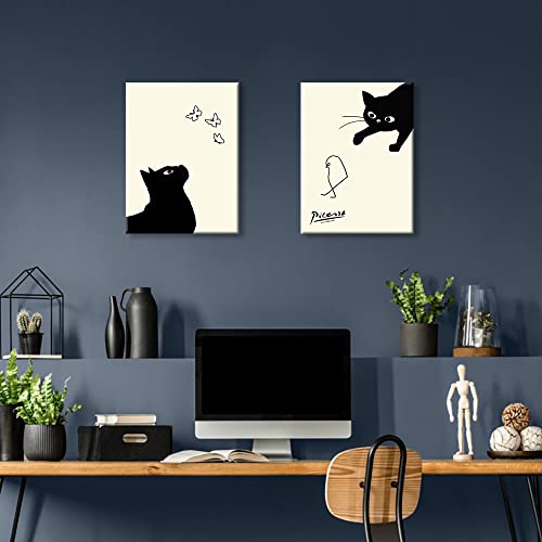 Picasso Cat and Chick Paintings, Set of 2, Art Panel, Cat Catching a Bird, Art Panel, Art Frame, Modern Poster, Decorative Painting, Canvas, Decorativ
