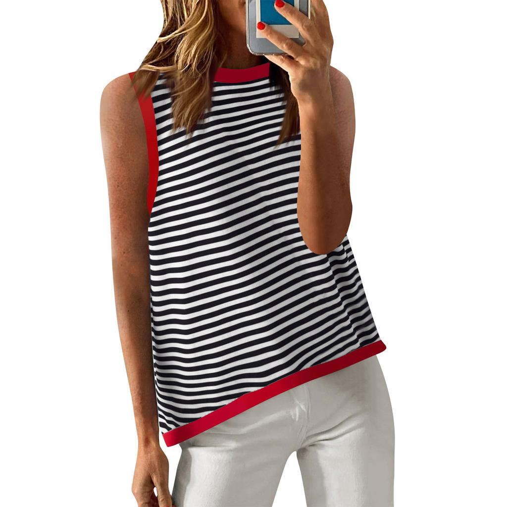 Женские летние топы, повседневная полосатая водолазка с цветными блоками, жилет, свободная рубашка без рукавов с высоким и низким вырезом, блузка