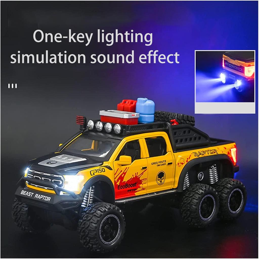 1/28 Scale Ford Raptor F150 6X6 Pickup Truck Diecast Car Model Toy, Pull Back Toy Vehicle with Sound and Light for Kids Toddler Gift Collection