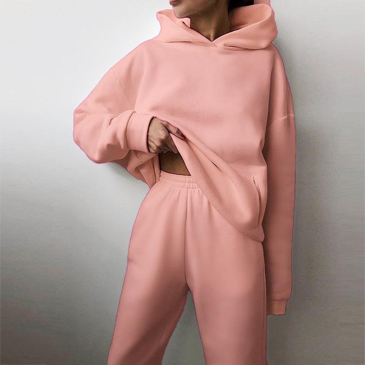 Spring new women's clothing, European and American hooded sweater trousers set, solid color fashion and casual two-piece set