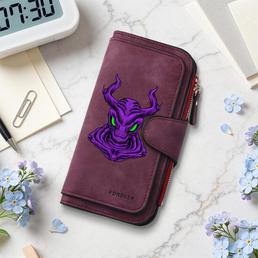 Gothic Purple Demon Pattern Long Wallet Cool Multislot Casual Card Holder Fashion Zipper Purse