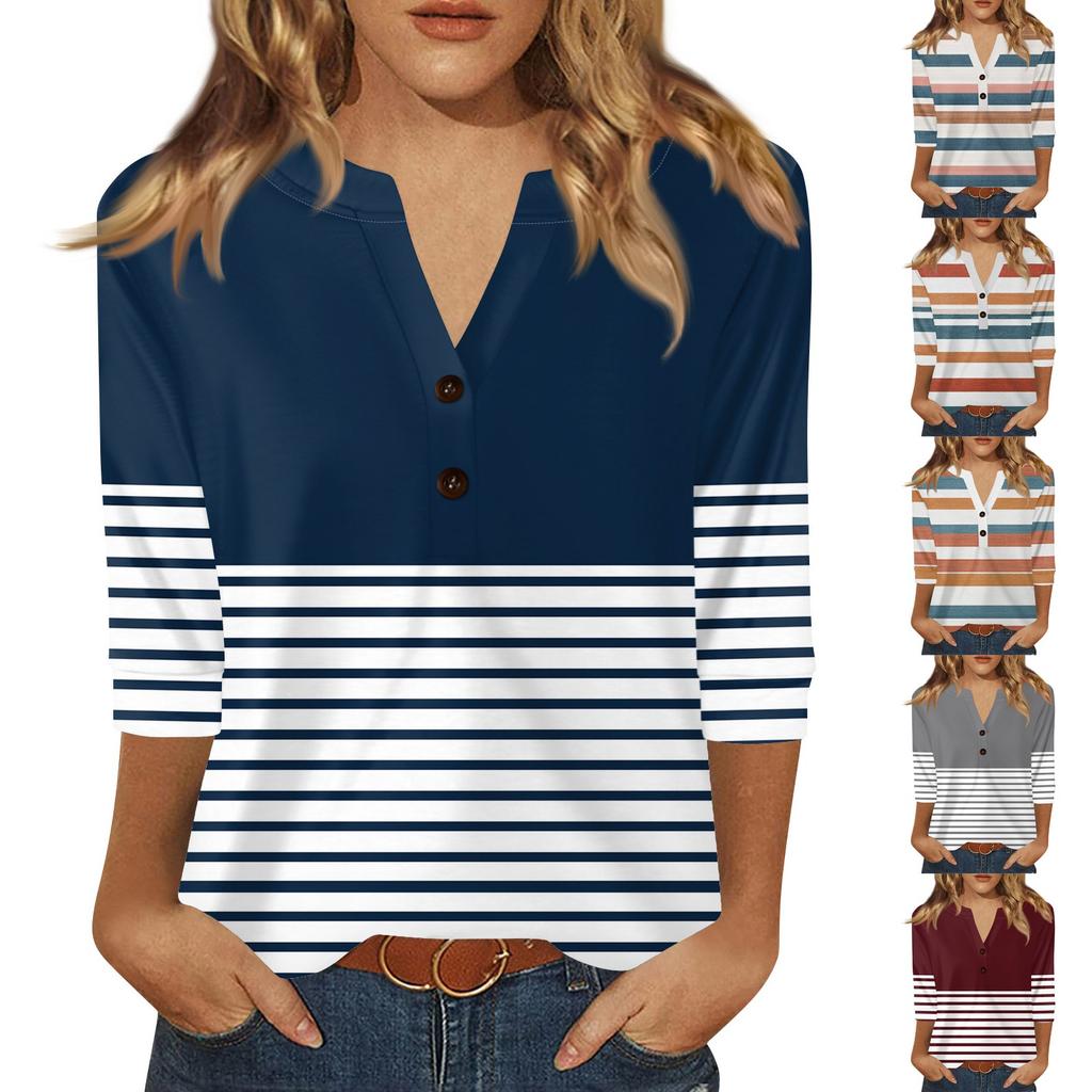 Women's T Shirt Print Button 3/4 Sleeve Daily Weekend Fashion Basic V- Neck Regular Top
