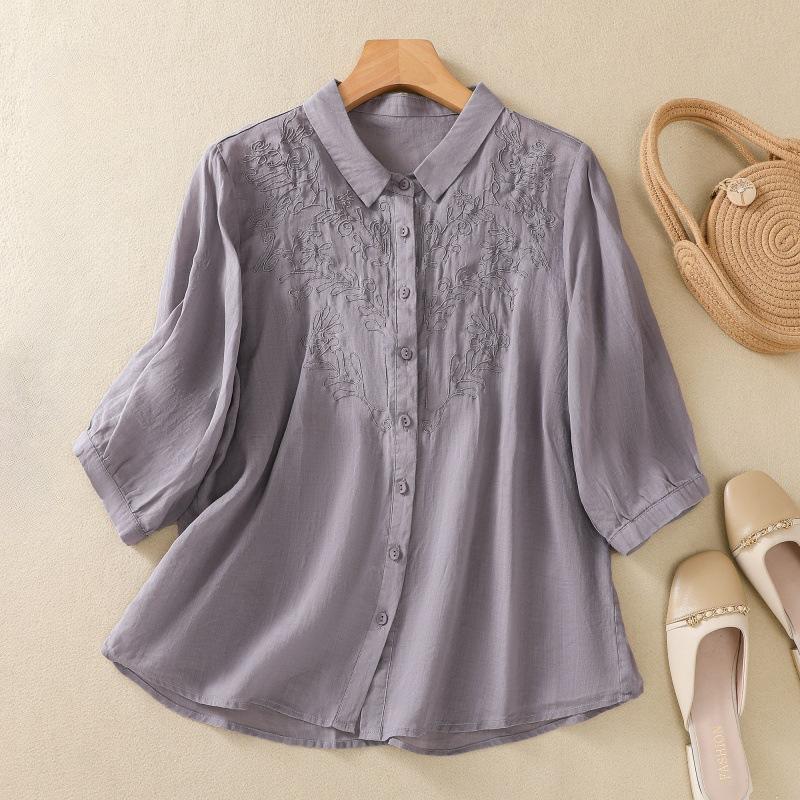 Летняя литература свободная однотонная рубашка с вышитым цветочным узором и короткими рукавами женская рубашка верх блузки и рубашки
