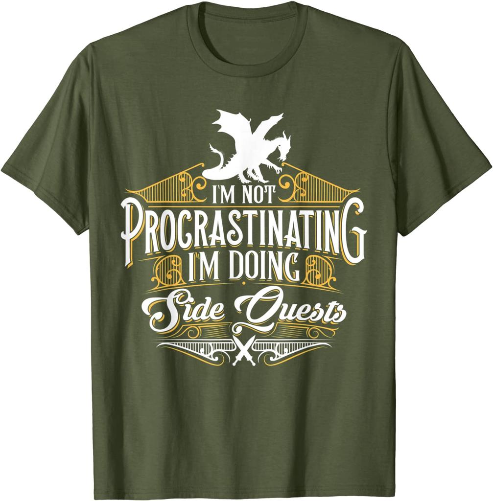 Not Procrastinating Side Quests Funny RPG Gamer Dragons T-Shirt Tops T Shirt Latest Cosie Cotton Men T Shirts Design