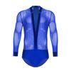 Men Latin Dance Leotard Mesh Long Sleeve Deep V Neck Velvet Shiny Rhinestones Bodysuit