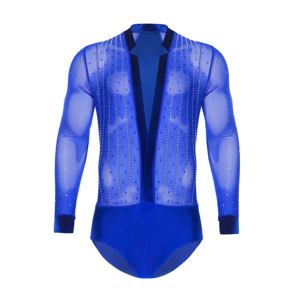 Men Latin Dance Leotard Mesh Long Sleeve Deep V Neck Velvet Shiny Rhinestones Bodysuit