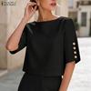 ZANZEA Женская повседневная однотонная блузка с круглым вырезом и коротким рукавом