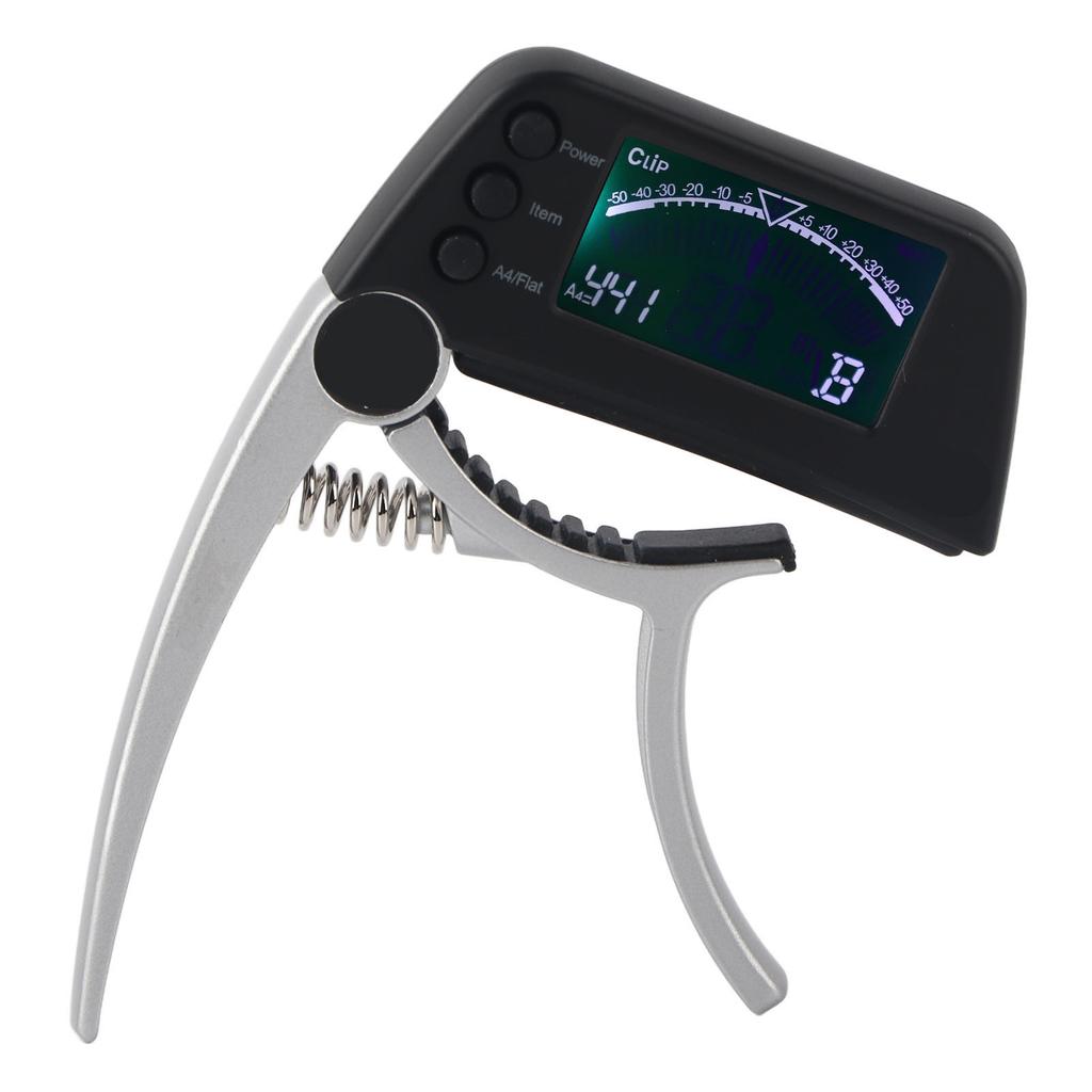 Guitar Capo Tuner Zinc Alloy ABS 2 In 1 Clip with LCD for Acoustic Electric Classical UkulelesSilver