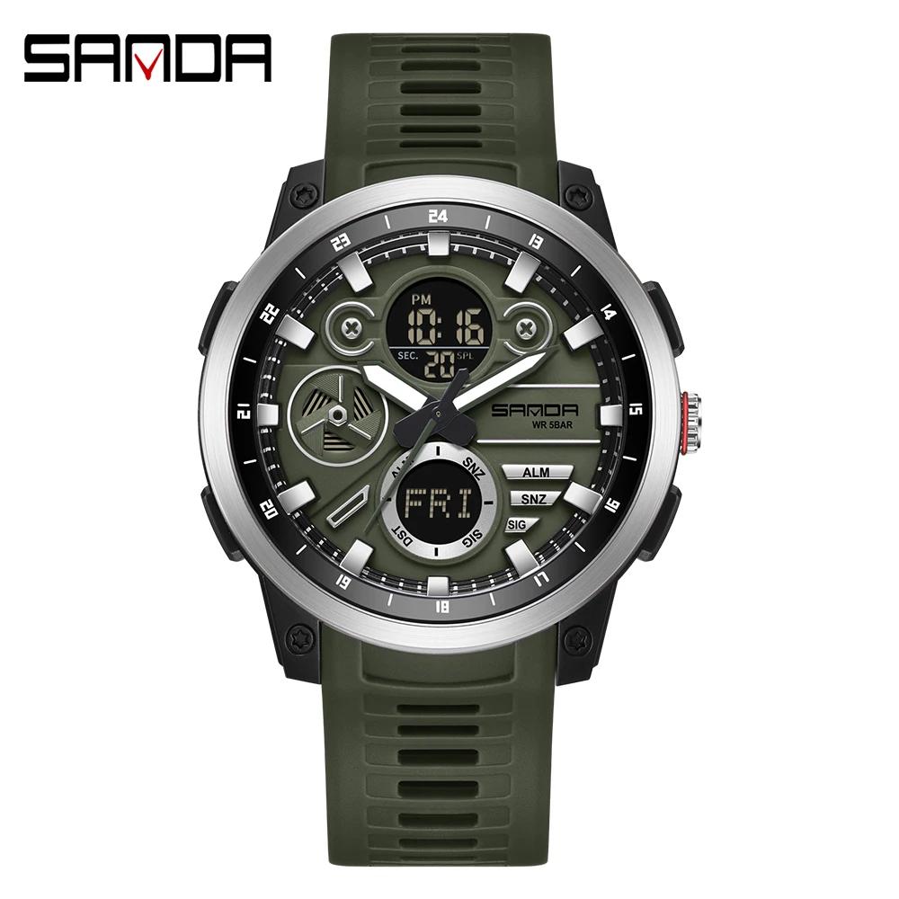 SANDA 3379 Модные мужские электронные часы Двойной экран Спортивный тип Многофункциональные Водонепроницаемые Календарь Мужские электронные часы