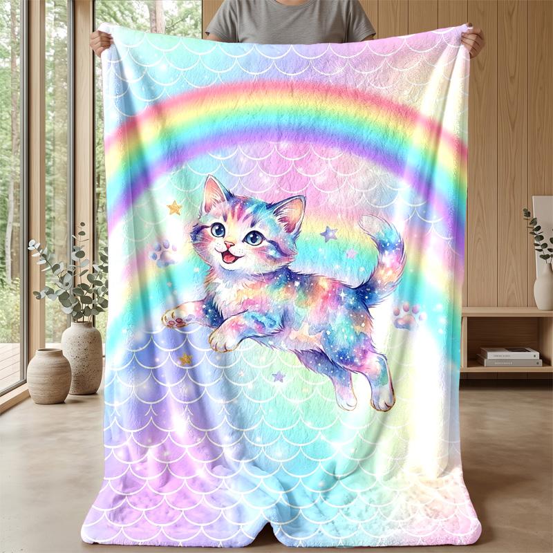 Rainbow Fantasy Cat Theme blanket Lightweight Warm Flannel Blanket Decorative Throw Blanket for Home Decoration