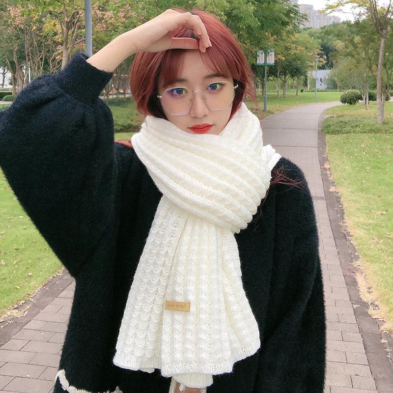 New Korean version wool scarf women's autumn and winter thickened warm simple versatile solid color knitted student scarf
