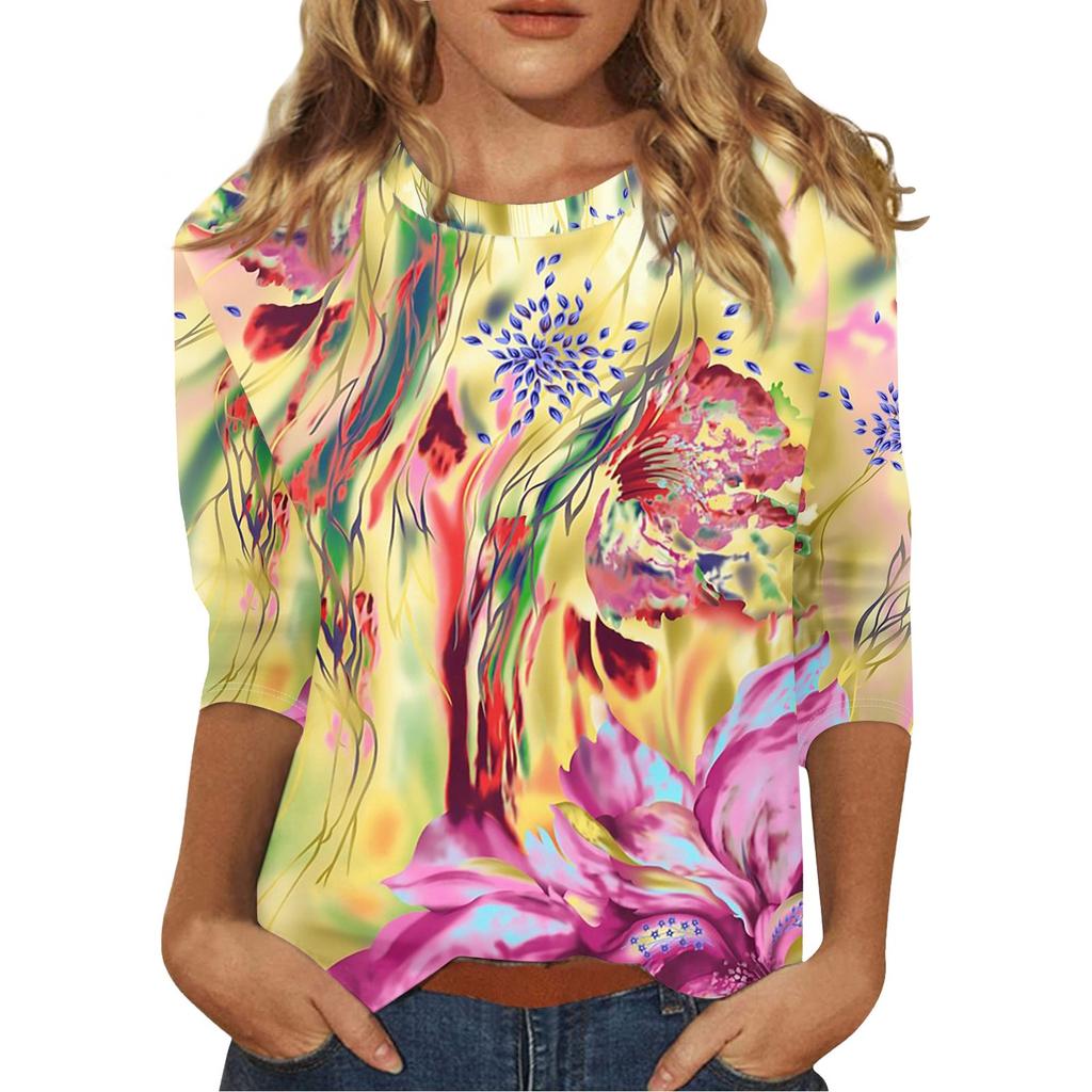Рубашки с рукавом 3/4 для женщин, футболки с графическим принтом, блузки, повседневные базовые топы, пуловеры