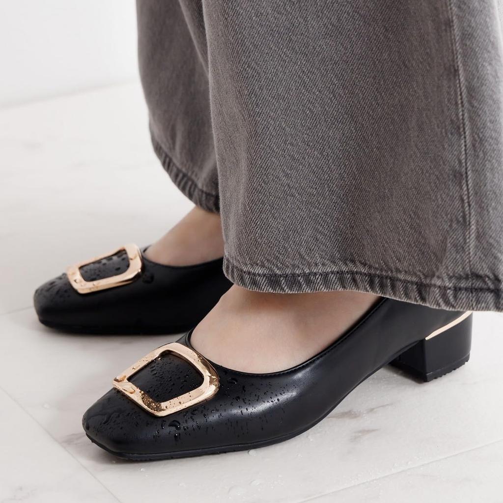 Himiko Water-Resistant Square Buckle Rain Pumps/654101 Black 235