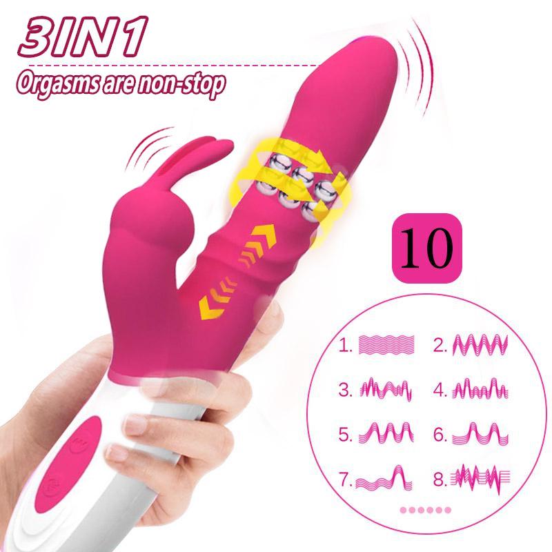 3 IN 1 Rabbit Female Vibrator Powerful G-spot Retractable Rotating Clitoral Vaginal Stimulator Female Masturbator Adult Sexy Toys