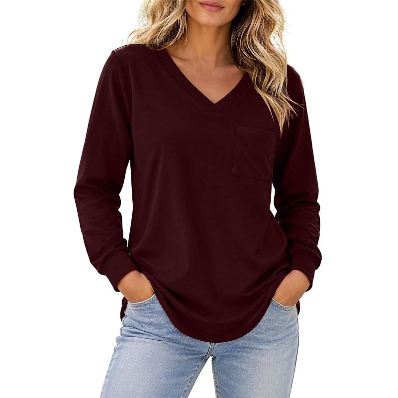 Women S V Neck Long Sleeve Loose Casual Solid Color Knit Top With Patch Pocket