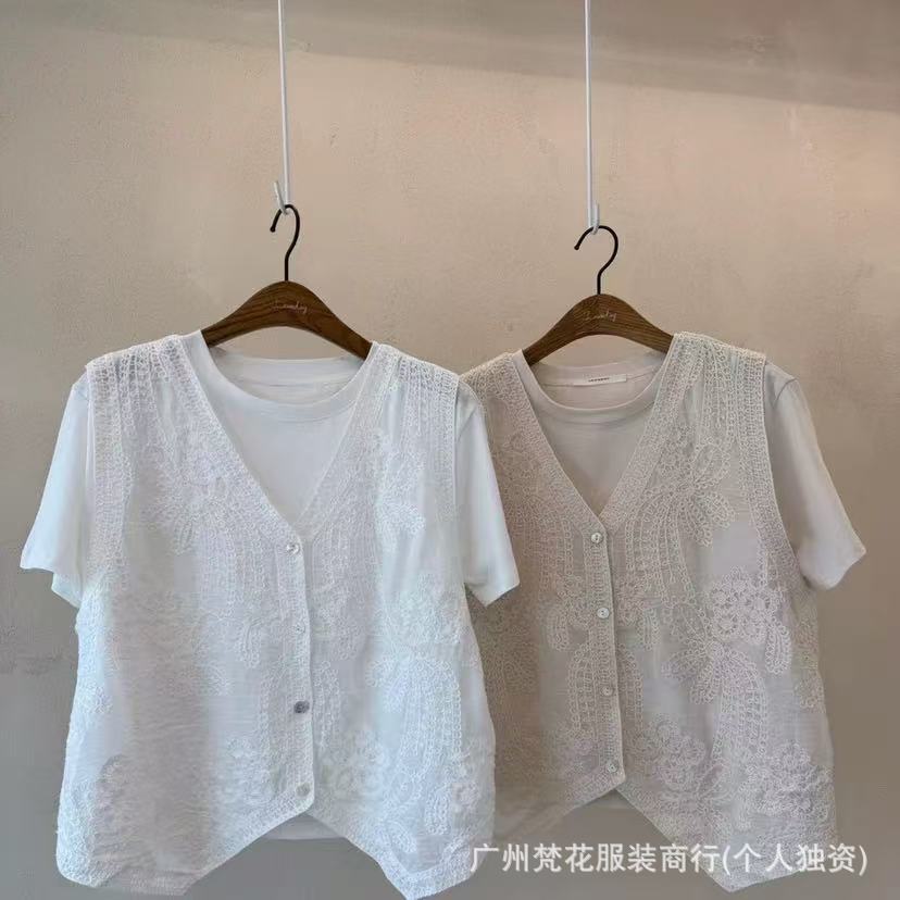 Литературный и тонкий вышитый кружевной жилет жилет женский новый повседневный стиль блузка темперамент топ абрикосовый хлопок