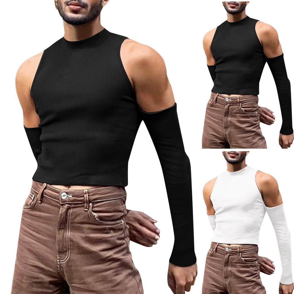 Fashion Men T Shirt Turtleneck Long Sleeve Off Shoulder Streetwear Solid Camisetas Hollow Out Casual Sexy Crop Tops