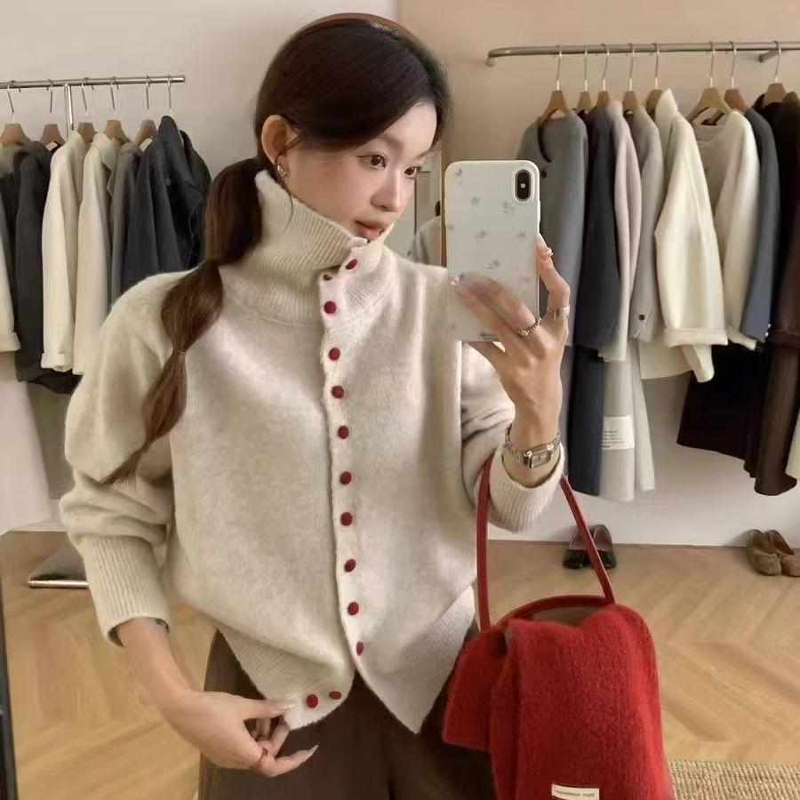 Женский вязаный кардиган с высоким воротником на пуговицах, однотонный, свитер свободного кроя.