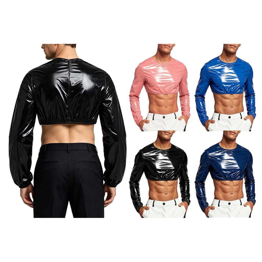 Mens Waterproof Glossy Crop Top Nightwear Crew Neck Long Sleeve Back Zipper T Shirt Crop Sweat Top