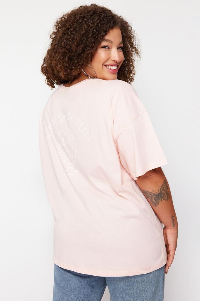 Женский стиль, большие размеры, светло-розовая трикотажная футболка из 100% хлопка с принтом на спине, свободного покроя, с круглым вырезом