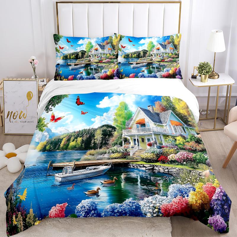 3Pcs Peaceful Lakeside Retreat Bedding Sets For All Sizes New 3D Printed Bed Cover Comforter Duvet Cover Pillowcase Bedroom Decoration