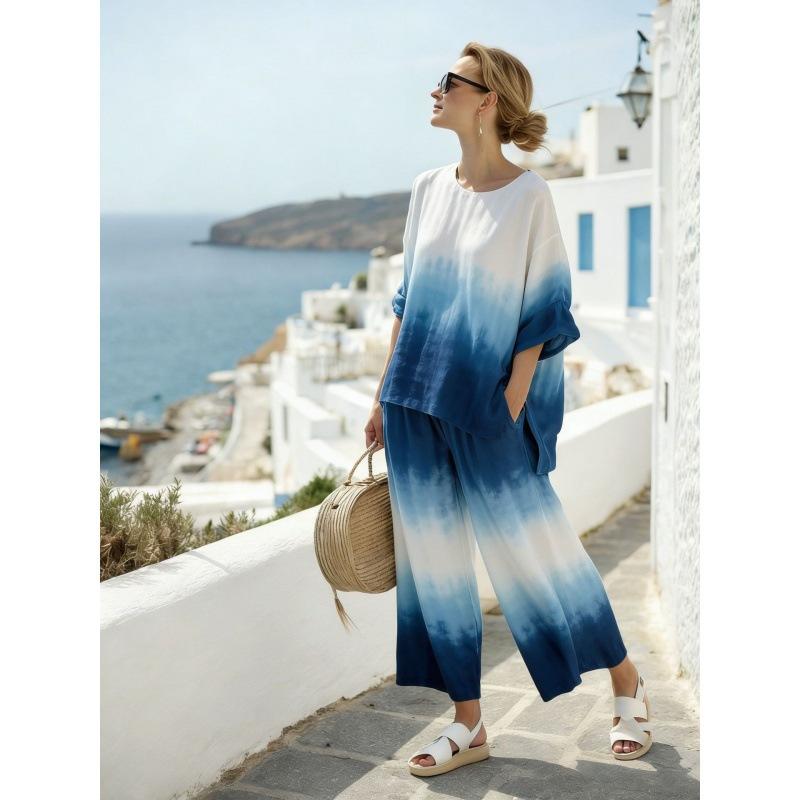 European and American casual style printing two-piece set 1116 new loose round neck shirt trousers set supply women's clothing