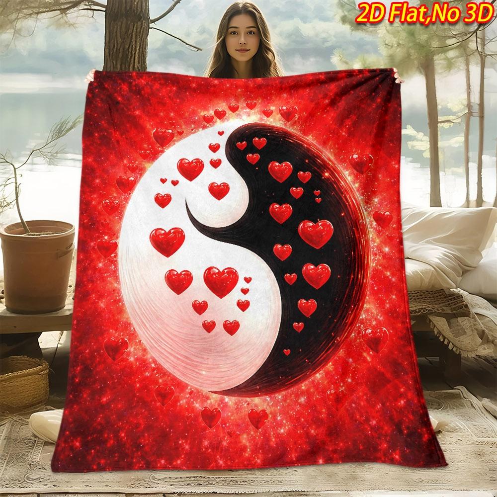 1pc 2D Flat Printing Spring And Summer New Arrival Heart Yin Yang Theme Digital Print Blanket, Throw Blanket, Soft And Comfortable 100% Fiber, All-Sea