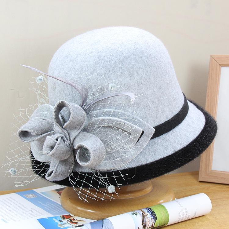 New British top hat women's autumn and winter woolen mesh leaf flower pot hat socialite retro felt hat