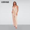 Women's Sleeveless Halter Sequin Deep V Style Belt Wide Leg Jumpsuit